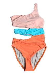 NWT Pilyq OMN One Shoulder Cutout One Piece Swimsuit Colorblock Small