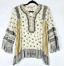 Embroidered Metallic Boho Top Size Medium Artsy Mixed Print Lagenlook