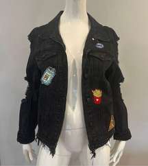 Cello Patch & Frayed Black Denim Jacket