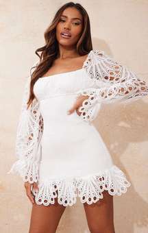 White Lace Sleeve Shirred Bodycon Dress