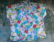 Vintage The American Co Hawaiian postcards floral button down blouse, size 16