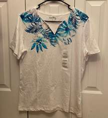 Coral Bay Floral Embellished V-Neckline Tee White Women Size Large