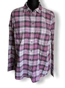 G.H. Bass & Co Womens Shirt Size M Purple Gray Black Plaid Flannel Split Back