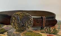 Vintage Distressed Stitched Brown Genuine Leather Eagle Buckle Belt - L