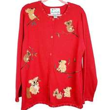 The Quacker Factory Cardigan Vintage Koala Bear Sweater Red