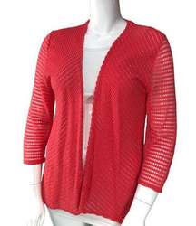 Chicos Travelers Womens Size 2 US 12 Open Knit Cardigan Sweater Red Metallic