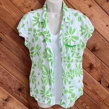 Alfani floral cap sleeve cotton button down lightweight blouse top green white