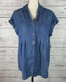 Style & Co Petite PP Top Chambray Dolman Sleeve Button Up Hi-Low Pockets
