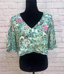 Lovers + Friends Gracie Blouse Cropped Green Flared Sleeve Size S