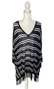 Zenergy Chico’s Rebekah Fringe Navy Striped Poncho Size Large XL - NWT