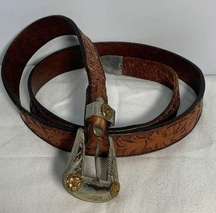 Vintage Western Solid Nickel Silver Brown Leather Embossed Belt