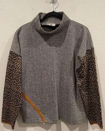 Leopard Sleeved Zip Front Grey Sweatshirt