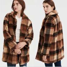 American Eagle Outfitters Plaid Teddy Full Coat Oversize Brown Tan Lined Size L