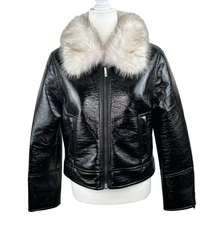 Unreal Fur Wet Look Aviator Biker Jacket Faux Leather & Fur Black Size Large NWT