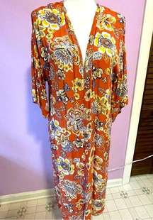 H.I.P Retro Orange Floral Duster Kimono Short Bell Sleeves Open Front Rayon M/L