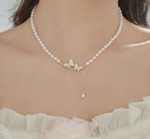 White Pearl Gold Butterfly Drop Necklace