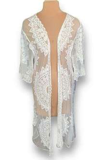 Rachel Zoe Kimono Sheer White Embroidered Lace Long Open Front Boho Swim Coverup