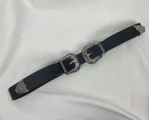 Double-Buckle Western Belts for Women, Vintage Design Leather Rhinestone Waist B