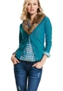 CAbi Faux Fur Neckline Cardigan in Teal