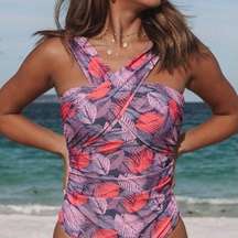 Beachsissi New Leaf Print Criss Cross One Piece Flattering Slimming Swim Suit XL