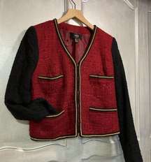 MANGO Red & Black Tweed Blazer Jacket with gold chain trimming C14