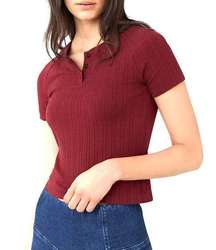 3X1 Cropped Short-Sleeve Slim Knit Henley Top In Crimson Red Size Large