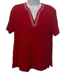 Cathy Daniels EUC Red Embroidered V Neck Short Sleeve Shirt Sz M