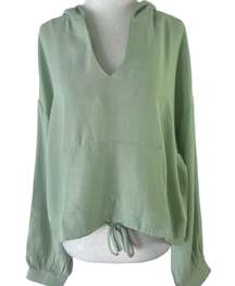 New  V-Neck Hooded Top Drawstring Hem Woven Hoodie Sage