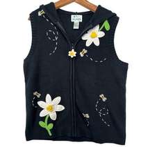 Quacker Factory Womens Vest Hoodie Sz L Vintage Embroidered Bees Flowers Cottage