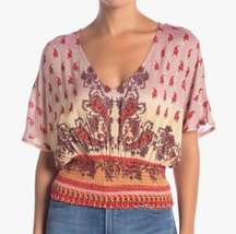 Angie smocked waist printed vneck blouse s…