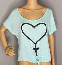 Aqua and Black Tie Front Blouse With Heart Size Large