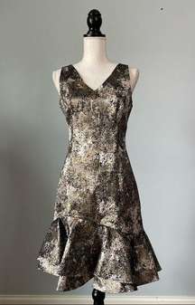 NATORI | Metallic Jacquard Flounce Dress Sz 2