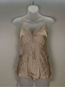 Y2K Silk Blend Gold Metallic 90s Lace Trim a cami Tank Top Shirt size Small