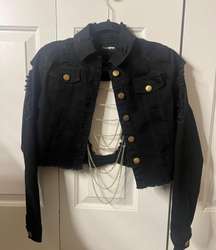 Black Denim Jacket with Gold Chain Detailing