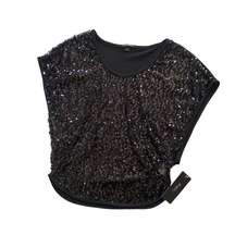 Rhapsody Sheer Black Sequin Short Cap Sleeve Blouse Shirt Large