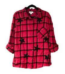 Style & Co Red and Black Plaid Button Up Shirt with Sequin Stars Top