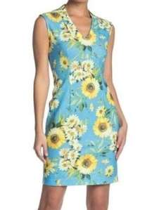 NEW SHARAGANO PETITE Blue Yellow Floral Sunflower Sheath Party Wedding Dress 6P