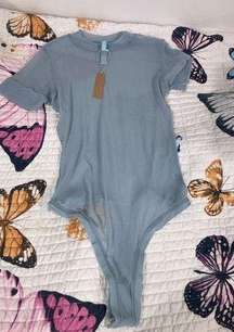 SKIMS size large Summer mesh short sleeve bodysuit top sky blue sheer kim k