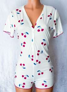 White, Cherry, Buttoned, Pajama Romper