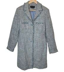 Wool Silk Tweed Longline Coat Blue Raw Edge Overcoat, size Large