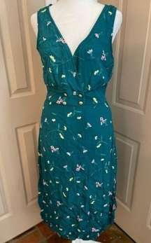 Row A teal floral double breasted gold button lined rayon midi dress size M.