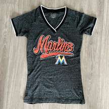 Marlins MLB Baseball Genuine Merchandise 2016 Gray Marled V Neck Bling Shirt Top