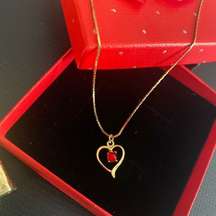 Gold Heart with Glass Ruby Pendant Necklace.