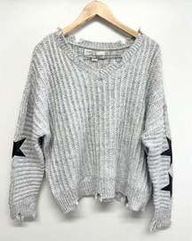 Vintage Havana Sweater Womens Distressed Star Patch Gray Ribbed Knit NEW