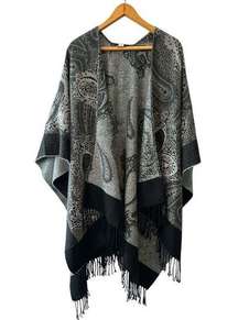 Croft & Barrow Black & Gray Winter Paisley Sweater & Poncho w/Fringe—One Size