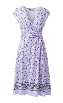 Lands End Cap Sleeve Wrap Fit And Flare Dress Purple Paisley Medium Petite