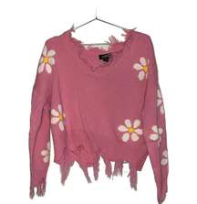 Just Polly Pink Daisy Flower Cropped Raw Hem Distressed Sweater Size Medium