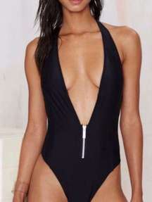 Black Plunge Sexy Open Back One Piece Bathing Suit