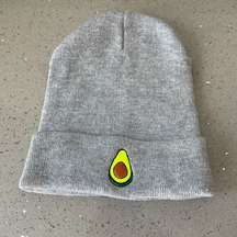 grey beanie with embroidered avocado