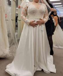 long sleeve satin applique wedding dress